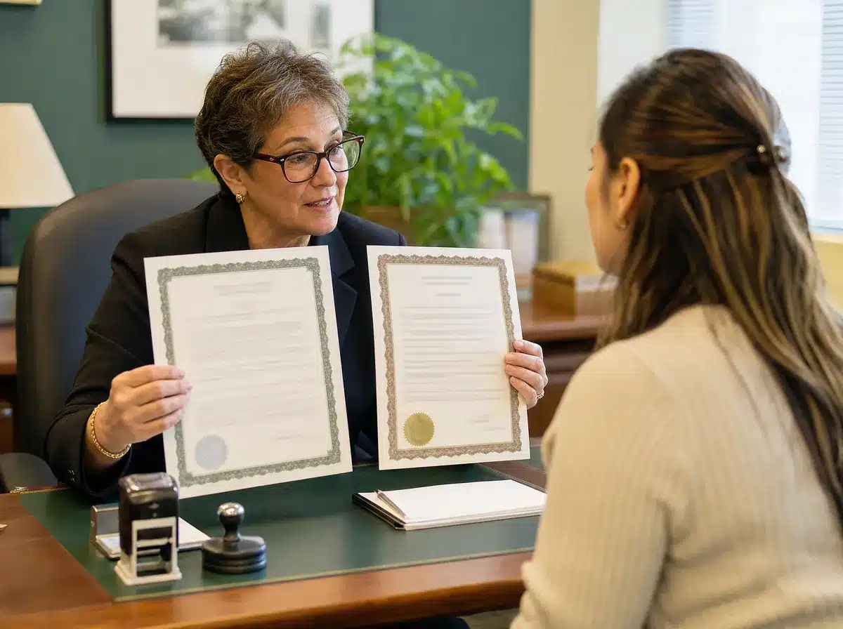 Meet Our Notary 3 Side-by-side acknowledgment and jurat notarial certificates used by a Massachusetts notary public