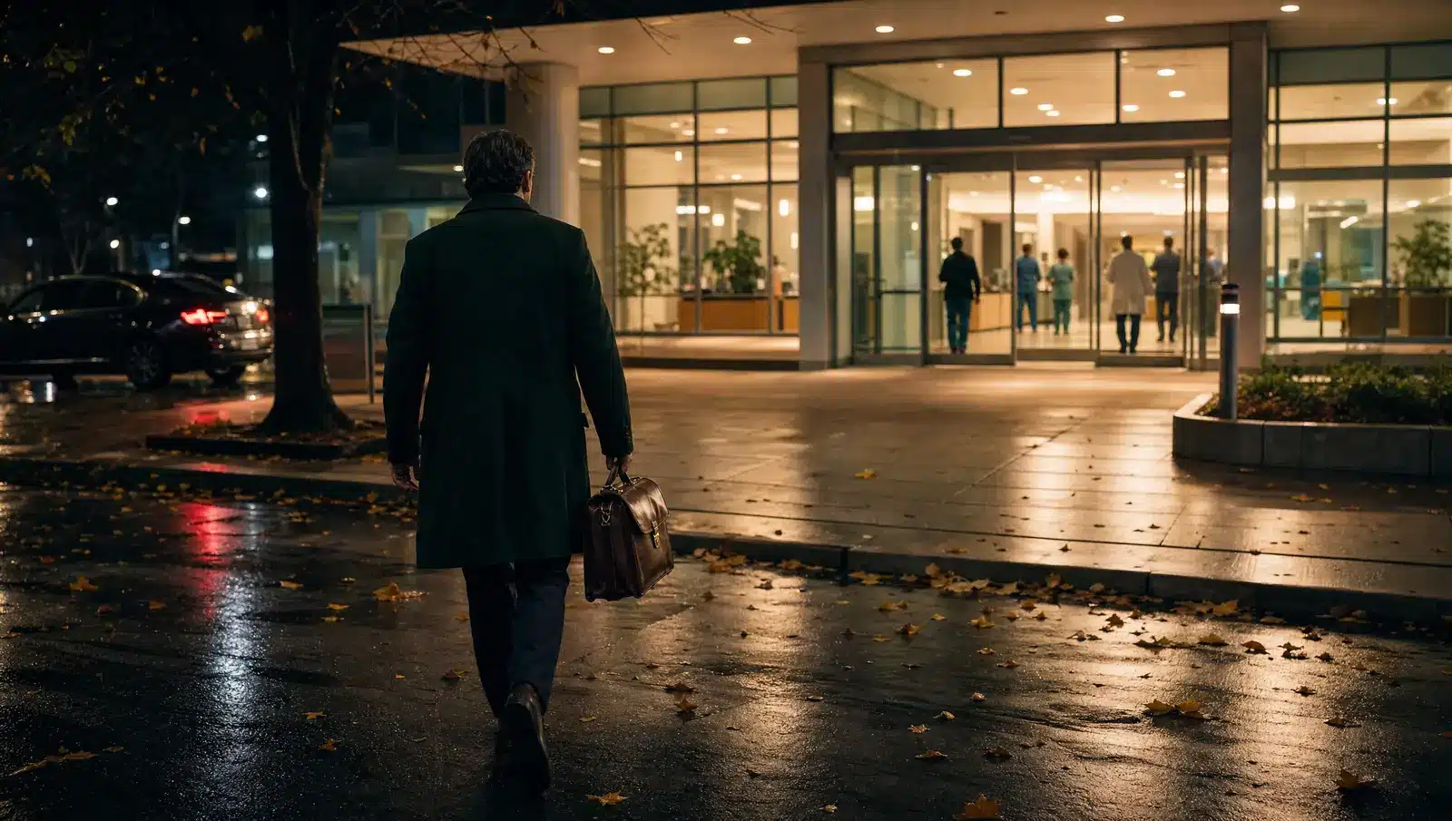 Hospital Notary Service in Boston, MA 3 Emergency mobile notary walking into a Boston hospital entrance at night