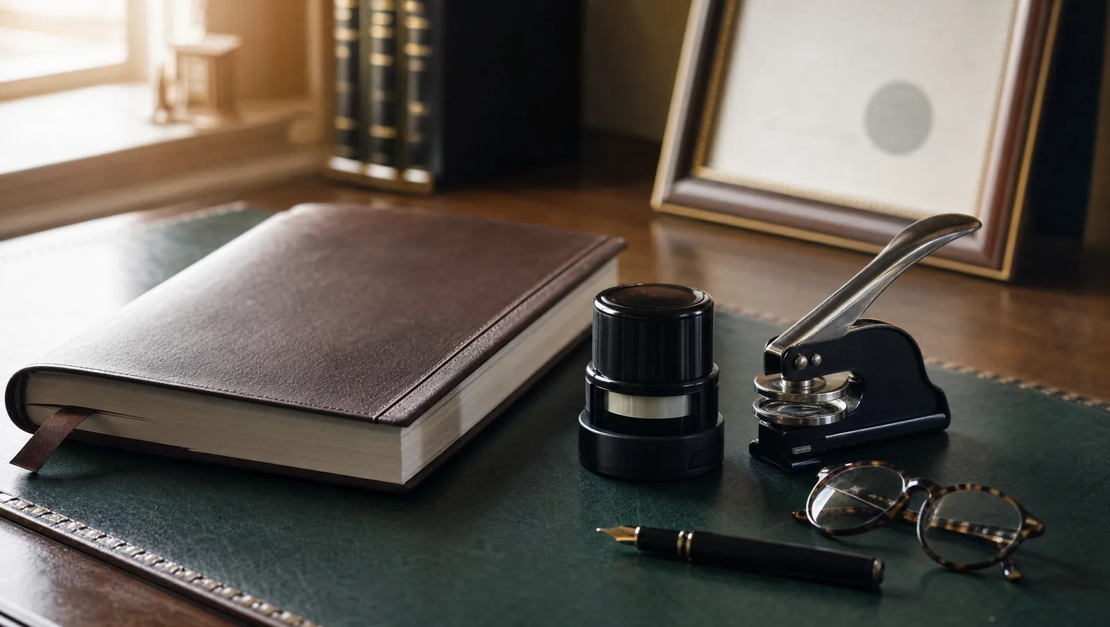 Remote Online Notarization in Massachusetts 4 Massachusetts notary desk with journal, self-inking stamp, embosser and fountain pen