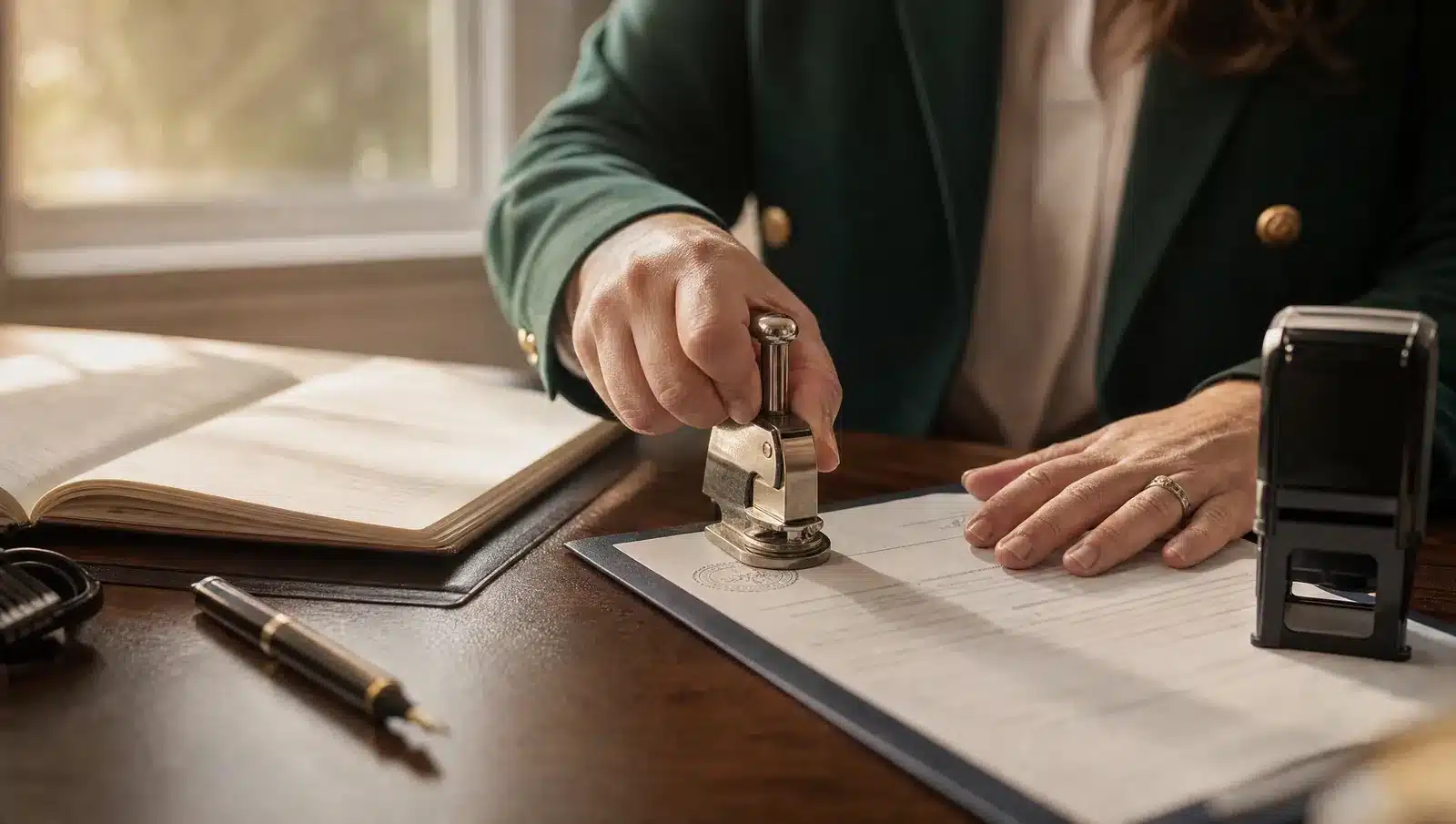 Copy Certification Notary in Massachusetts 3 Massachusetts notary public pressing an embosser seal onto a signed document