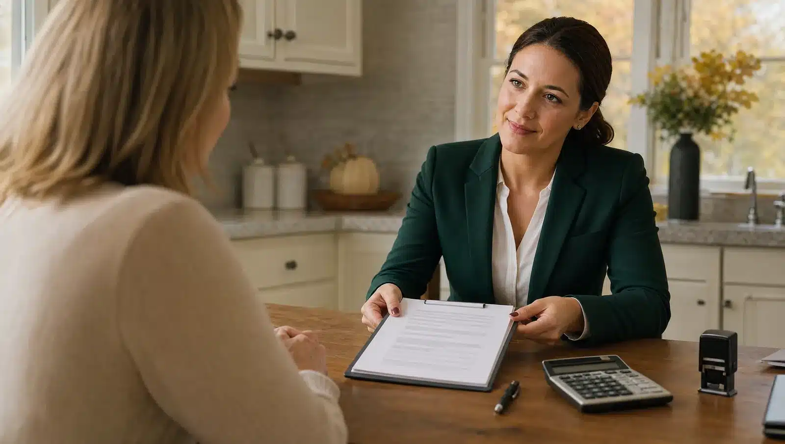 Free Notary Boston: City Hall, Library, Bank and UPS Options 3 Mobile notary sharing a written quote with a client at a kitchen table in Massachusetts