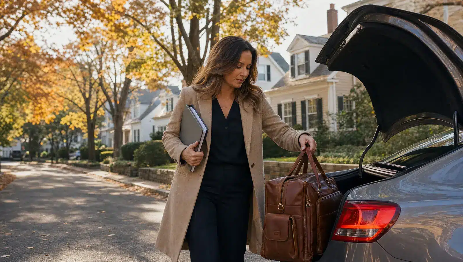 Mobile Notary Services in Massachusetts 3 Mobile notary lifting an organized kit bag from a car trunk on a suburban Massachusetts street