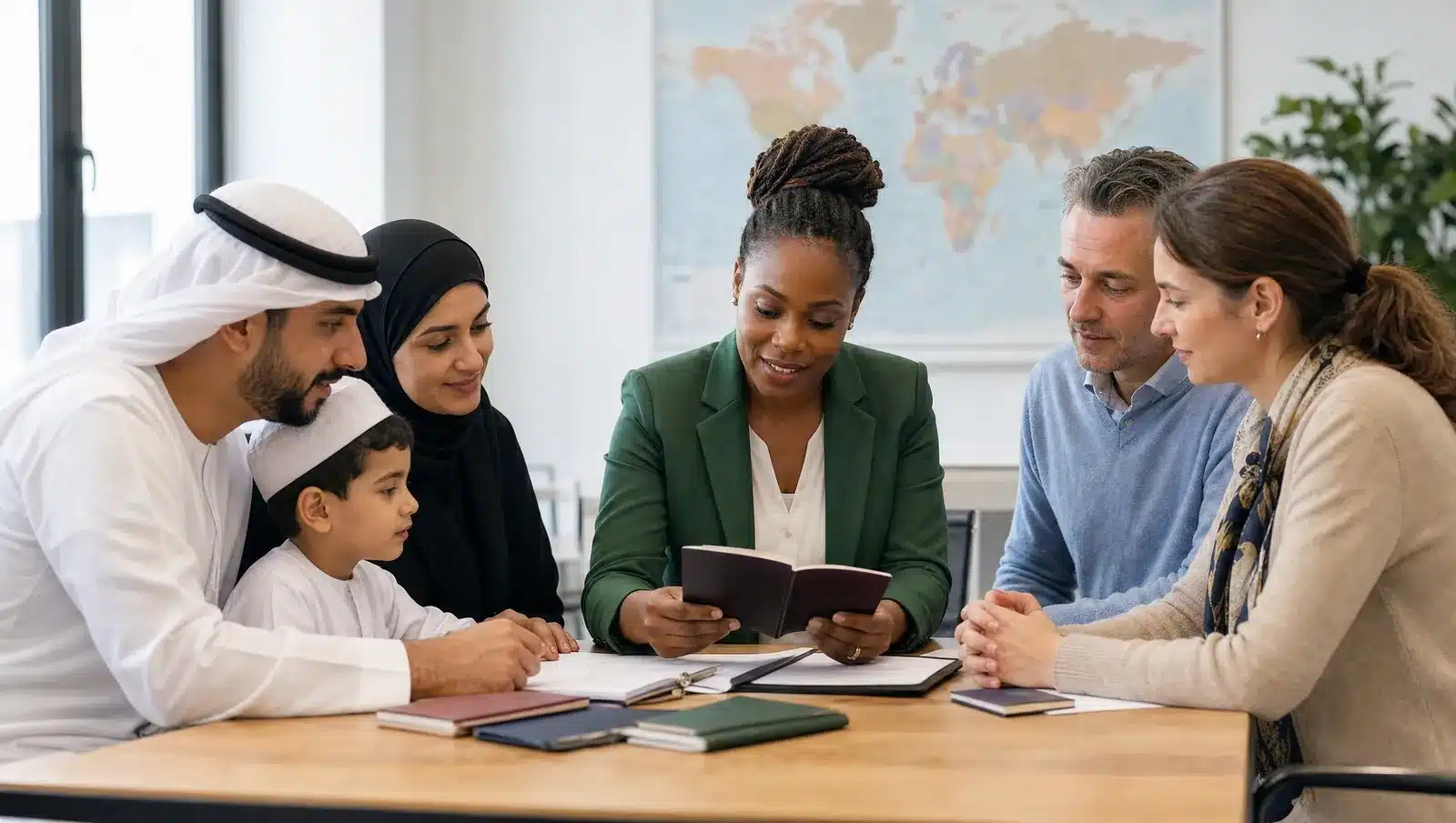 Certified Translation Services in Massachusetts 3 Multilingual notary reviewing Arabic and French documents and passports with two families