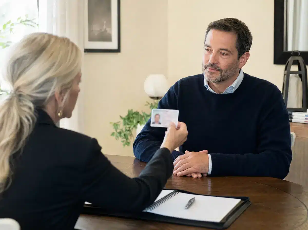 Remote Online Notarization in Massachusetts 3 Notary public checking a signer's driver's license before notarizing in Massachusetts