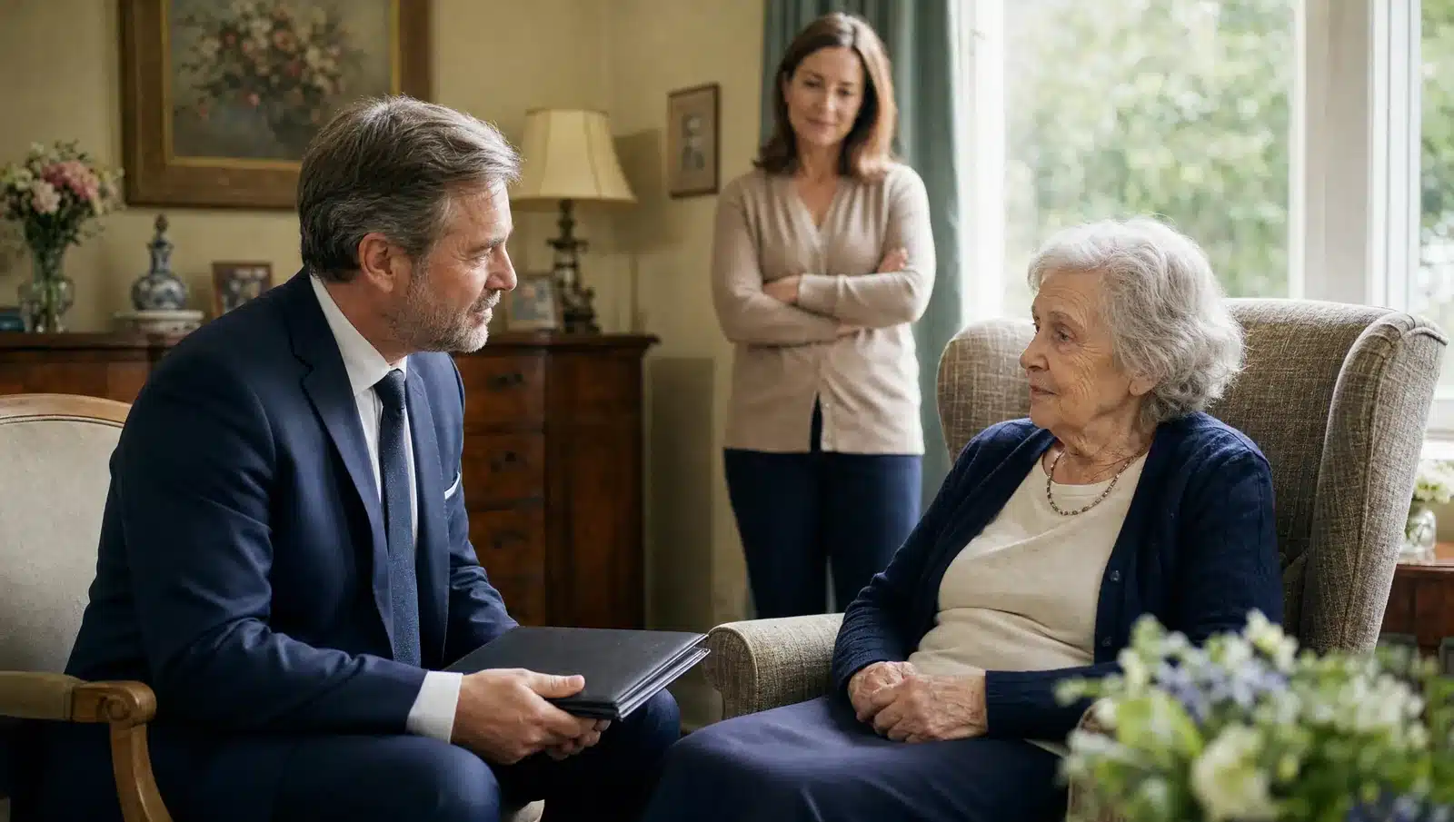 Notary Dementia Massachusetts: Capacity Rules at the Bedside 1 Notary speaking at eye level with an elderly woman in a nursing home chair before a signing while her daughter waits