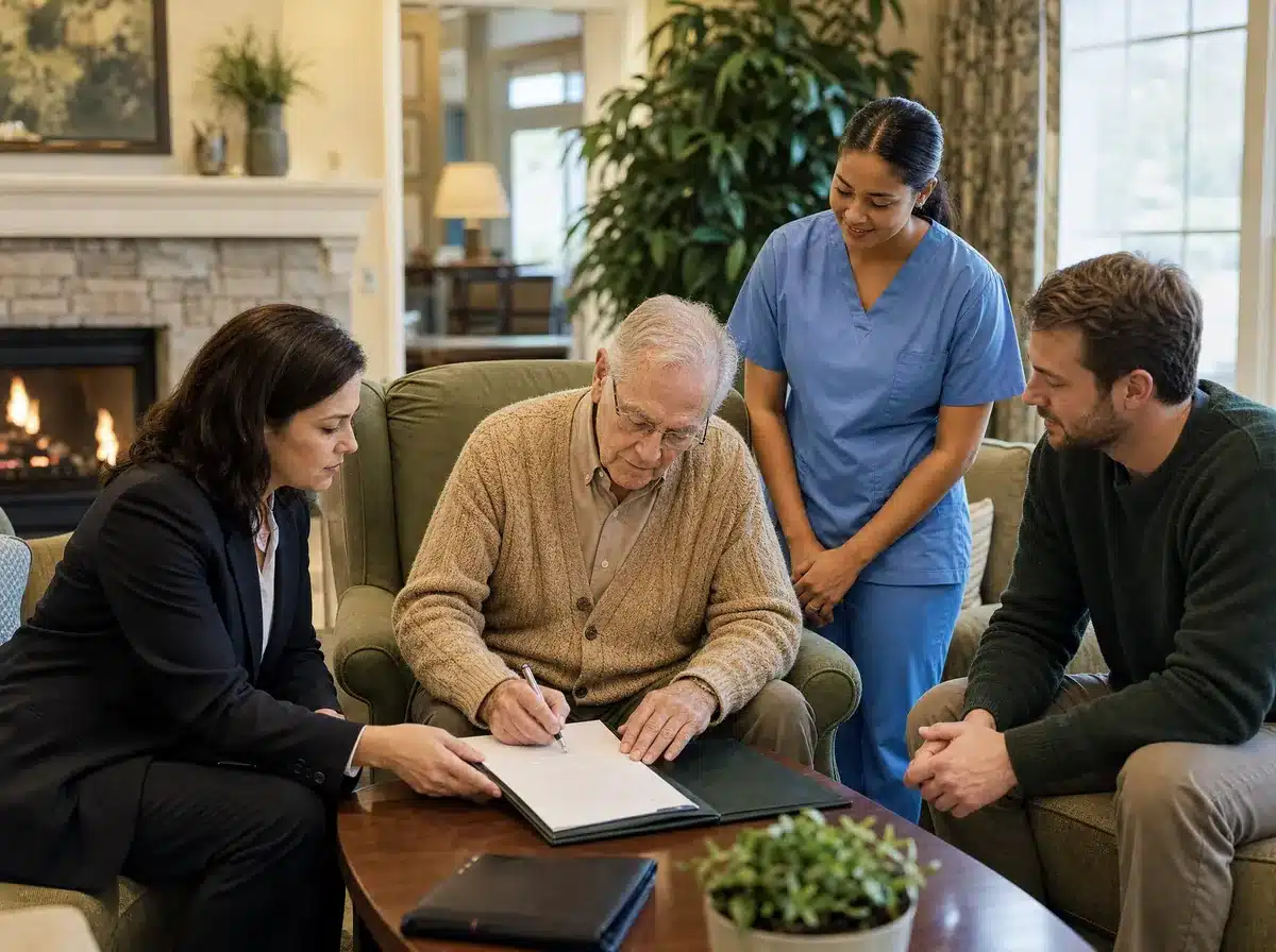 Our Mobile Notaries 4 Notary public seated with an older resident signing documents at a Massachusetts nursing home