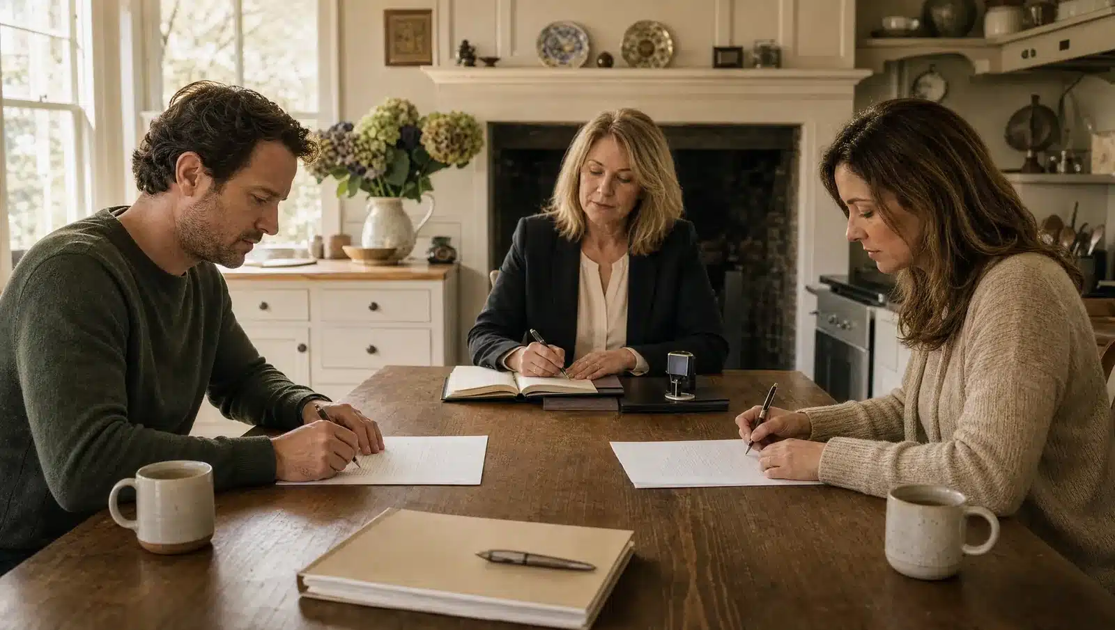 Separation Agreement Notarized Massachusetts: 1A Divorce Guide 1 Two spouses signing a separation agreement at a kitchen table with a Massachusetts notary at the end of the table