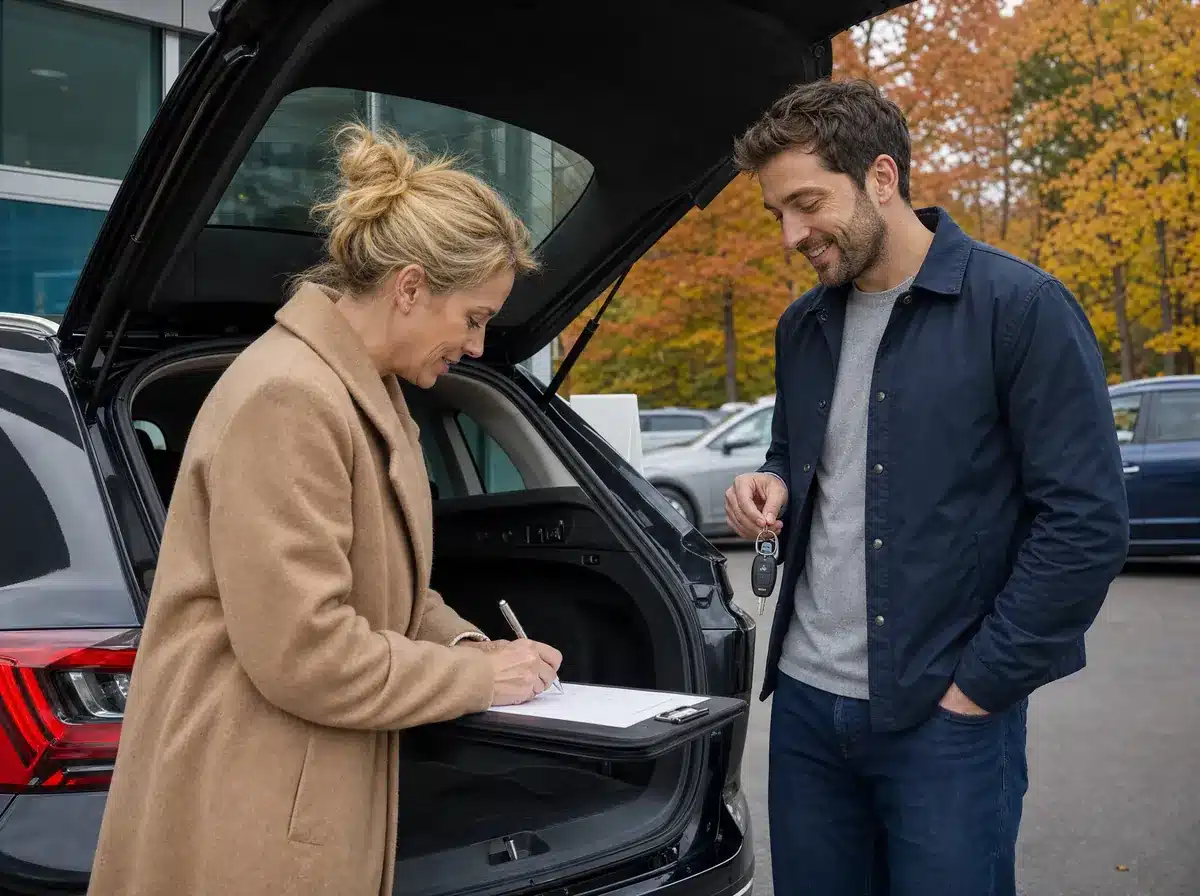 Our Mobile Notaries 6 Traveling notary reviewing a vehicle title with a seller and buyer in a Massachusetts driveway