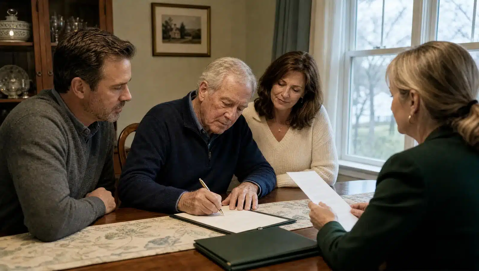 Does a Will Need to Be Notarized in Massachusetts? (2026) 1 Older man signing his will at a dining table with his two witnesses while a Massachusetts notary waits with the self-proving affidavit
